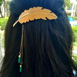 Handmade Golden Feather Hair Jewelry with turquoise stones. Costume Jewelry